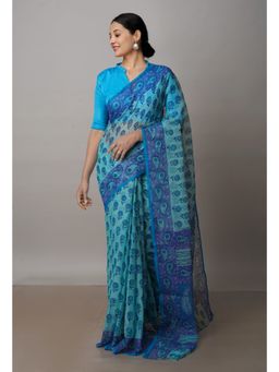 Unnati Silks - Turquoise Blue Block Printed Kota Cotton Saree UNM72737 with Unstitched Blouse
