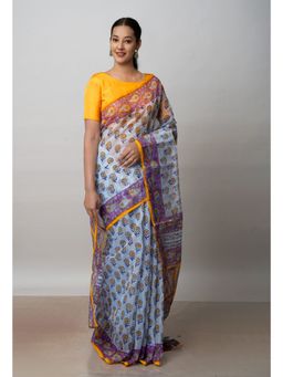 Unnati Silks - Grey Block Printed Kota Cotton Saree UNM72738 with Unstitched Blouse