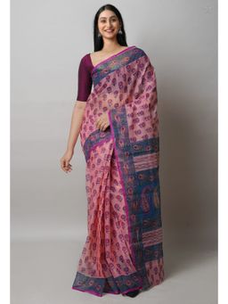 Unnati Silks - Pink Block Printed Kota Cotton Saree UNM72739 with Unstitched Blouse