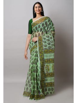 Unnati Silks - Green Block Printed Kota Cotton Saree UNM72740 with Unstitched Blouse