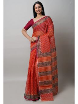 Unnati Silks - Orange Block Printed Kota Cotton Saree UNM72741 with Unstitched Blouse