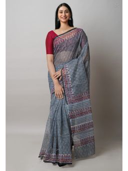 Unnati Silks - Grey Block Printed Kota Cotton Saree UNM72742 with Unstitched Blouse