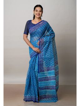 Unnati Silks - Blue Block Printed Kota Cotton Saree UNM72743 with Unstitched Blouse