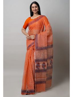 Unnati Silks - Orange Block Printed Kota Cotton Saree UNM72744 with Unstitched Blouse