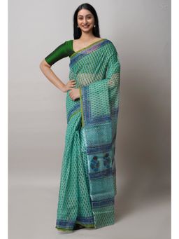 Unnati Silks - Turquoise Blue Block Printed Kota Cotton Saree UNM72745 with Unstitched Blouse