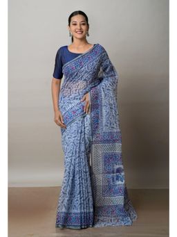 Unnati Silks - Grey Block Printed Kota Cotton Saree UNM72746 with Unstitched Blouse