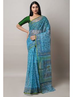 Unnati Silks - Blue Block Printed Kota Cotton Saree UNM72747 with Unstitched Blouse