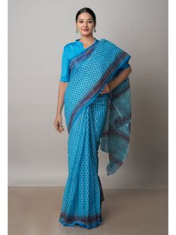Unnati Silks - Blue Block Printed Kota Cotton Saree UNM72748 with Unstitched Blouse