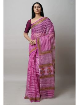 Unnati Silks - Pink Block Printed Kota Cotton Saree UNM72749 with Unstitched Blouse