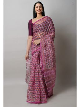 Unnati Silks - Peach Pink Block Printed Kota Cotton Saree UNM72750 with Unstitched Blouse