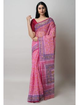 Unnati Silks - Pink Block Printed Kota Cotton Saree UNM72751 with Unstitched Blouse