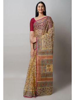 Unnati Silks - Yellow Block Printed Kota Cotton Saree UNM72752 with Unstitched Blouse