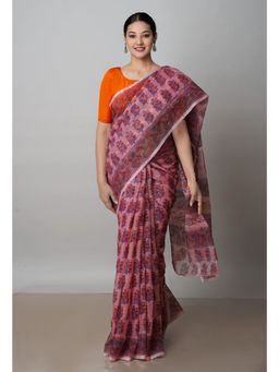 Unnati Silks - Peach Pink Block Printed Kota Cotton Saree UNM72753 with Unstitched Blouse
