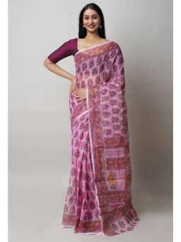 Unnati Silks - Peach Pink Block Printed Kota Cotton Saree UNM72754 with Unstitched Blouse