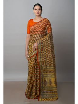 Unnati Silks - Yellow Block Printed Kota Cotton Saree UNM72755 with Unstitched Blouse