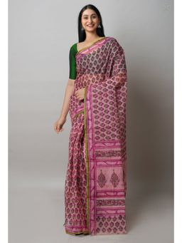 Unnati Silks - Peach Pink Block Printed Kota Cotton Saree UNM72757 with Unstitched Blouse