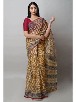 Unnati Silks - Yellow Block Printed Kota Cotton Saree UNM72758 with Unstitched Blouse