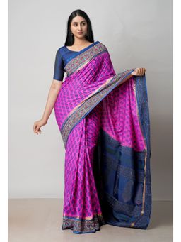 Unnati Silks - Pink Dyed Printed Summer Bangalore Soft Silk Saree UNM72777 with Unstitched Blouse