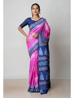 Unnati Silks - Pink Navy Blue Handloom Block Printed Mysore Silk Saree UNM72793 with Unstitched Blouse