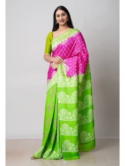 Unnati Silks - Pink Green Handloom Block Printed Mysore Silk Saree UNM72794 with Unstitched Blouse
