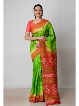 Unnati Silks - Green Rust Handloom Block Printed Mysore Silk Saree UNM72795 with Unstitched Blouse