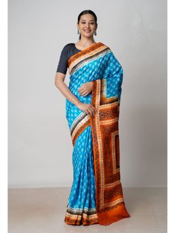 Unnati Silks - Blue Rust Handloom Block Printed Mysore Silk Saree UNM72797 with Unstitched Blouse
