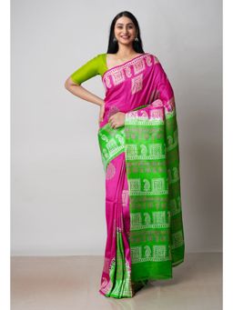 Unnati Silks - Pink Green Handloom Block Printed Mysore Silk Saree UNM72798 with Unstitched Blouse