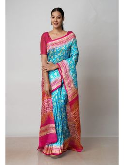 Unnati Silks - Blue Pink Handloom Block Printed Mysore Silk Saree UNM72800 with Unstitched Blouse