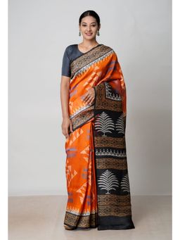 Unnati Silks - Rust Black Handloom Block Printed Mysore Silk Saree UNM72801 with Unstitched Blouse