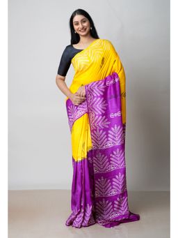 Unnati Silks - Yellow Purple Handloom Block Printed Mysore Silk Saree UNM72802 with Unstitched Blouse