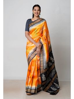 Unnati Silks - Orange Black Handloom Block Printed Mysore Silk Saree Without Blouse UNM72804