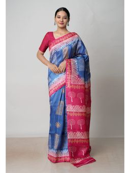 Unnati Silks - Blue Maroon Handloom Block Printed Mysore Silk Saree UNM72805 with Unstitched Blouse