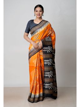 Unnati Silks - Orange Black Handloom Block Printed Mysore Silk Saree UNM72806 with Unstitched Blouse