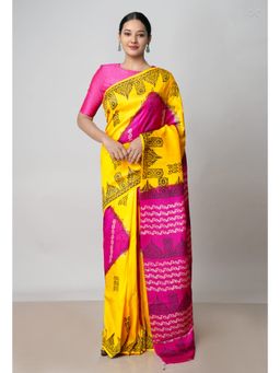 Unnati Silks - Yellow Pink Handloom Block Printed Mysore Silk Saree UNM72807 with Unstitched Blouse