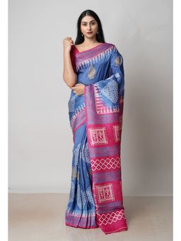 Unnati Silks - Blue Maroon Handloom Block Printed Mysore Silk Saree UNM72808 with Unstitched Blouse