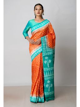 Unnati Silks - Orange Green Handloom Block Printed Mysore Silk Saree UNM72809 with Unstitched Blouse