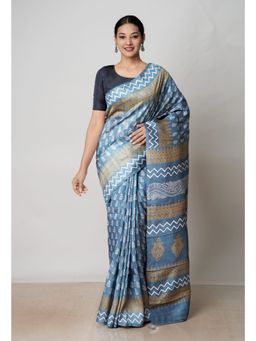 Unnati Silks - Grey Handloom Block Printed Mysore Silk Saree Without Blouse UNM72810