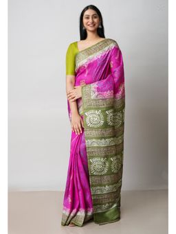 Unnati Silks - Pink Green Handloom Block Printed Mysore Silk Saree UNM72812 with Unstitched Blouse