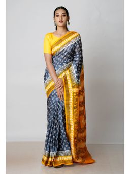 Unnati Silks - Black Mustard Handloom Block Printed Mysore Silk Saree UNM72813 with Unstitched Blouse