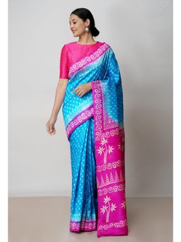 Unnati Silks - Blue Pink Handloom Block Printed Mysore Silk Saree UNM72814 with Unstitched Blouse