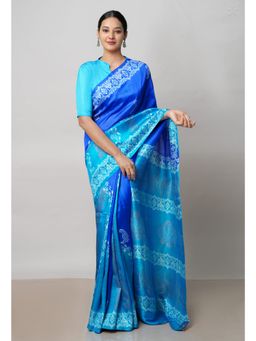 Unnati Silks - Dark Blue Handloom Block Printed Mysore Silk Saree UNM72815 with Unstitched Blouse