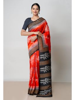 Unnati Silks - Red Black Handloom Block Printed Mysore Silk Saree UNM72816 with Unstitched Blouse