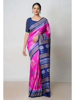 Unnati Silks - Pink Navy Blue Handloom Block Printed Mysore Silk Saree UNM72819 with Unstitched Blouse