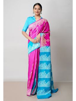 Unnati Silks - Pink Blue Handloom Block Printed Mysore Silk Saree UNM72823 with Unstitched Blouse