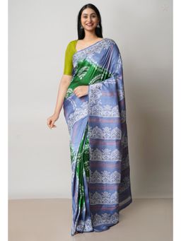 Unnati Silks - Green Grey Handloom Block Printed Mysore Silk Saree UNM72824 with Unstitched Blouse