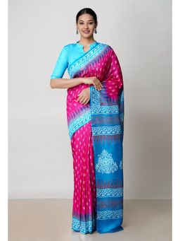 Unnati Silks - Pink Blue Handloom Block Printed Mysore Silk Saree UNM72826 with Unstitched Blouse