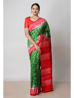 Unnati Silks - Green Red Handloom Block Printed Mysore Silk Saree UNM72827 with Unstitched Blouse