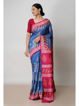 Unnati Silks - Grey Maroon Handloom Block Printed Mysore Silk Saree UNM72828 with Unstitched Blouse