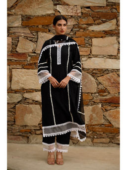 ASRUMO - Black Cotton Chikankari White Lace Straight (Set of 3)