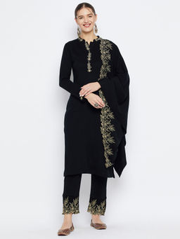 ZIGO - Women Winterwear Embroidered Black Kurta & Pant With Shawl (Set of 3)